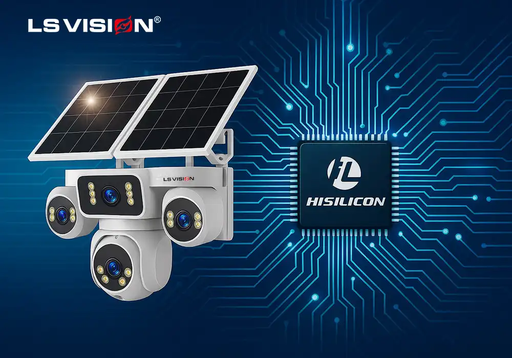 4-lens 24/7 recording solar security camera with HiSilicon chipset