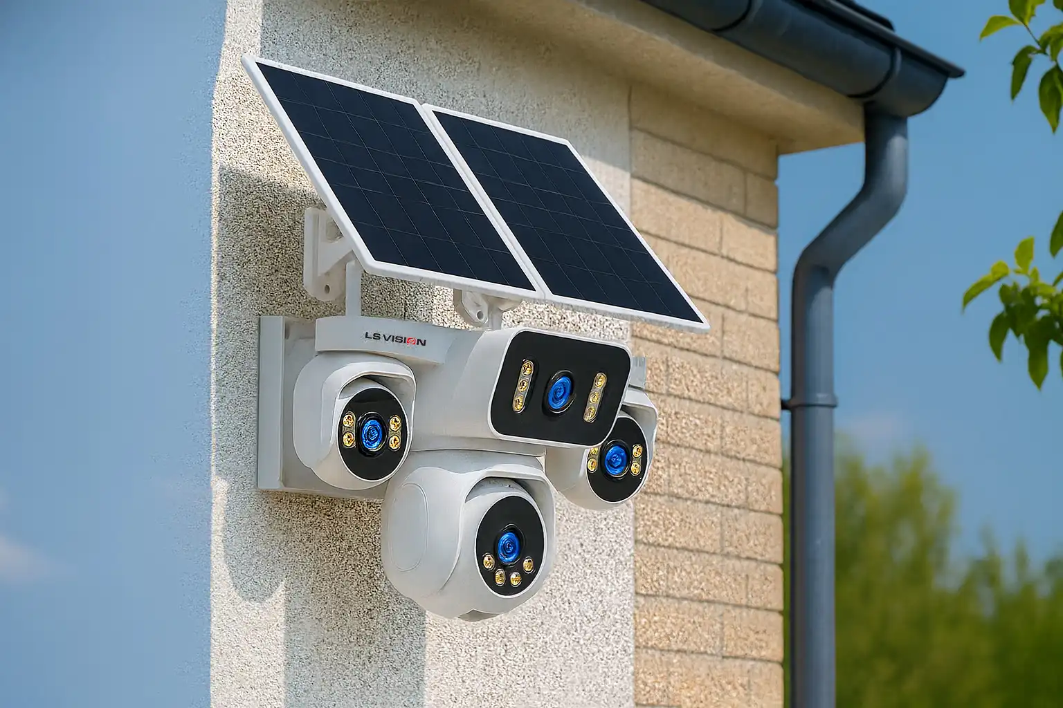 Outdoor 24/7 recording solar security camera with 4-lens design mounted on wall