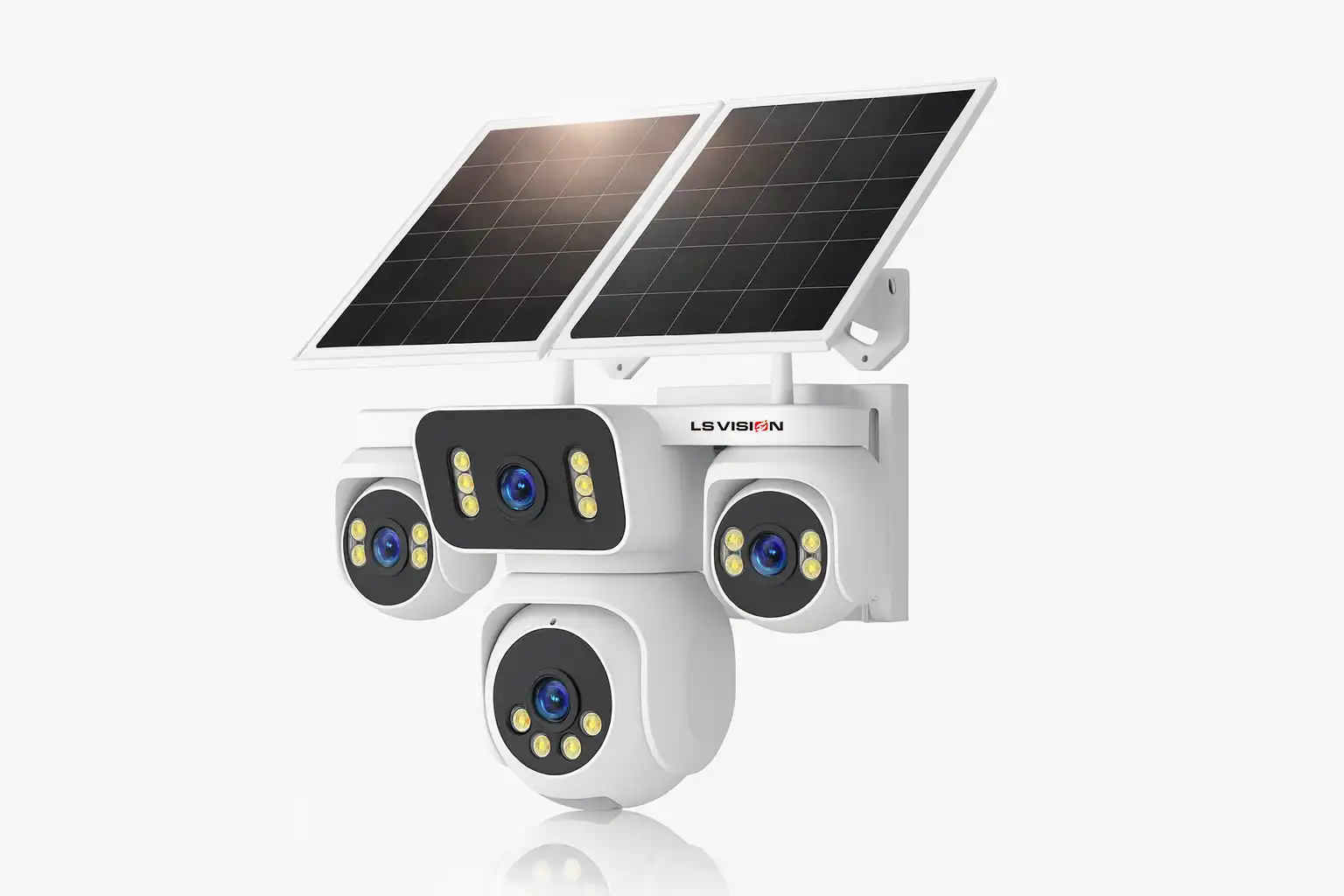 24/7 recording solar security camera with 4-lens design and dual solar panels